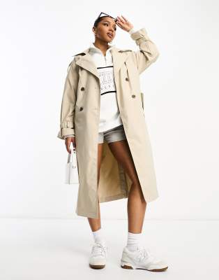 Stradivarius Oversized Long Trench Coat In Ecru-white