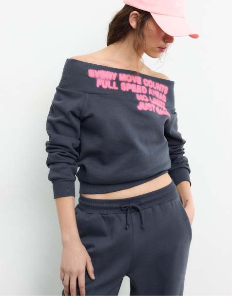 Stradivarius - Oversized mørkegrå sweatshirt med bådudskæring - view 1