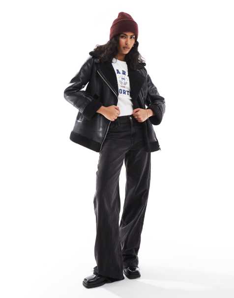 Stradivarius - Oversized pilotenjack met borgvoering in zwart - view 1