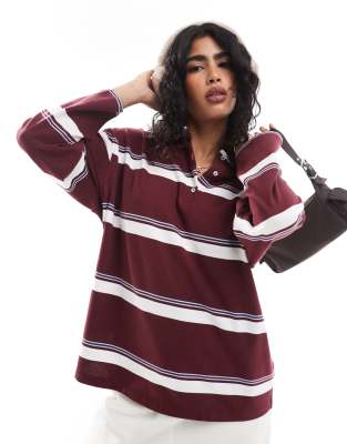 Stradivarius Oversized Polo Shirt In Burgundy And White Stripe-multi