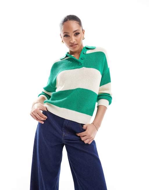 Stradivarius oversized polo sweater in green stripe