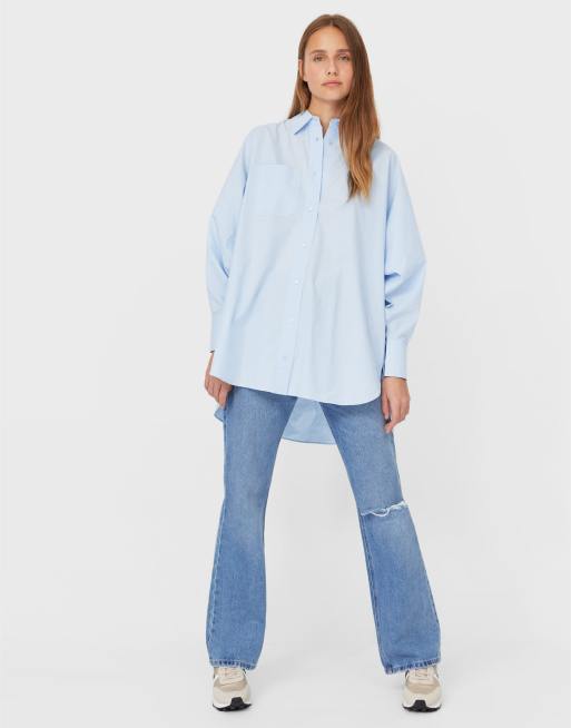 Stradivarius - Oversized poplin overhemd in blauw, 3 van 4