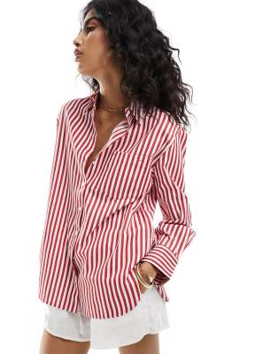 Stradivarius Oversized Poplin Shirt In Red Stripe