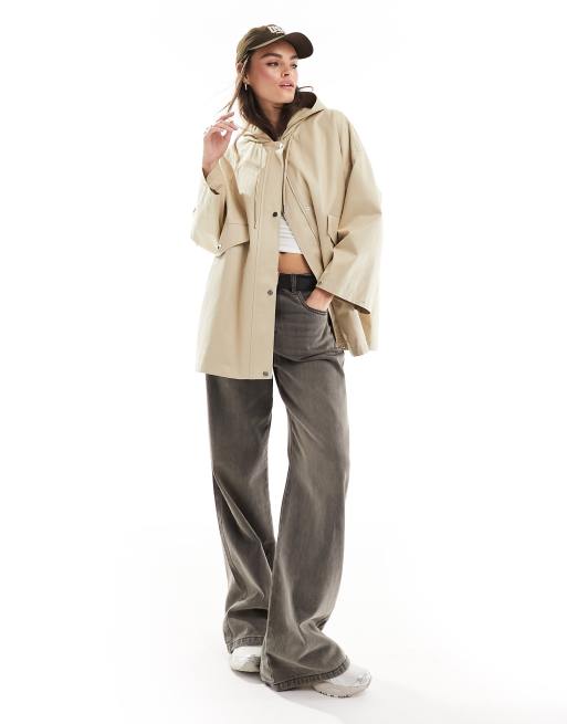 Stradivarius oversized rain mac with contrast rim in stone 