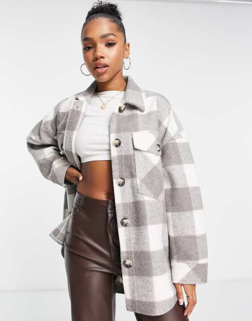 Stradivarius oversized shacket in grey check print | ASOS