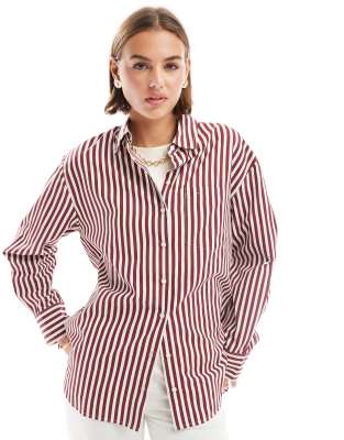 Stradivarius Stradivarius oversized shirt in dark red stripe-Multi