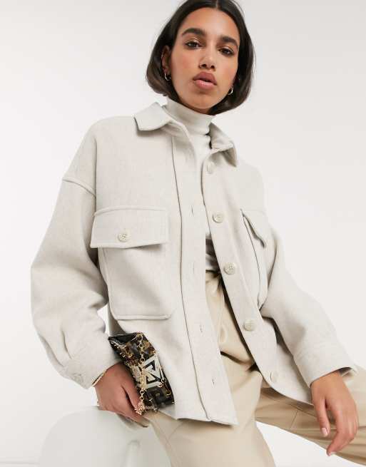 Stradivarius oversized shirt jacket in beige