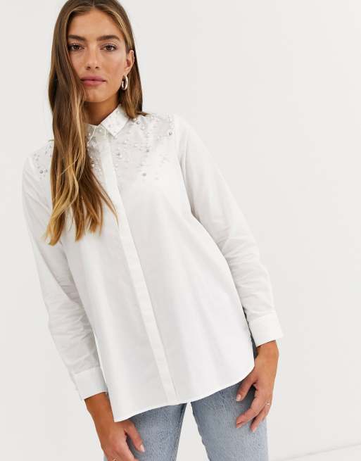 Stradivarius oversized shirt with pearl detail in white