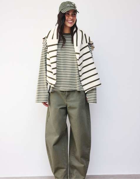 Stradivarius oversized stribet langærmet T-shirt i khaki - view 1
