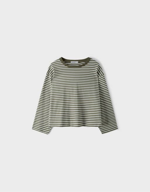 Stradivarius oversized stribet langærmet T-shirt i khaki, 6 af 7