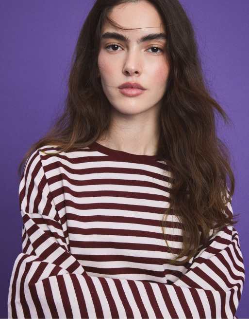 Stradivarius oversized stribet langærmet T-shirt i lilla, 4 af 7