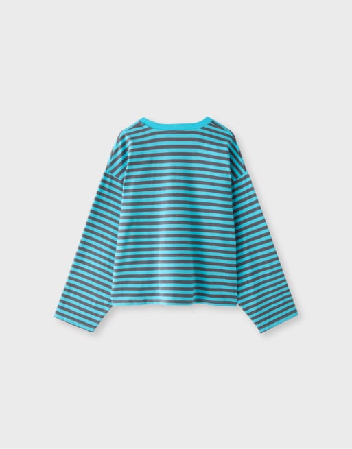 Stradivarius oversized stribet langærmet T-shirt i turkis, 7 af 7