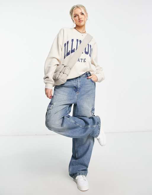 Stradivarius - Oversized sweatshirt met illinois-print in stone 