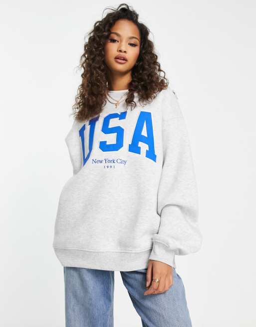 Stradivarius Oversized sweatshirt met USA in gem leerd grijs