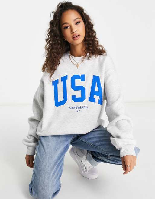 Stradivarius Oversized sweatshirt met USA in gem leerd grijs