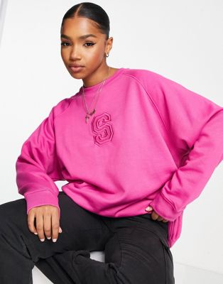 Stradivarius oversized sweatshirt with S embroidery in hot pink co-ord