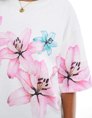 Flower & Letter Print Crew Neck T-Shirt, Casual Short Sleeve
