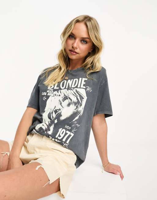 Stradivarius - Oversized T-shirt met Blondie-bandprint in grijs met wassing