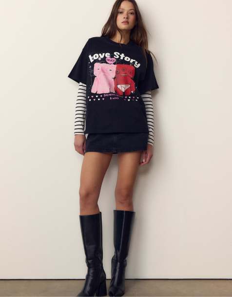 Stradivarius - Oversized T-shirt met print in zwart - view 1