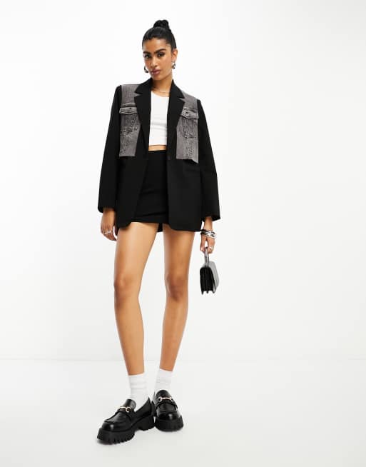 Stradivarius Oversized Tailored Blazer With Spliced Denim In Black Asos