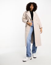 Stradivarius tailored belted coat in off white | ASOS