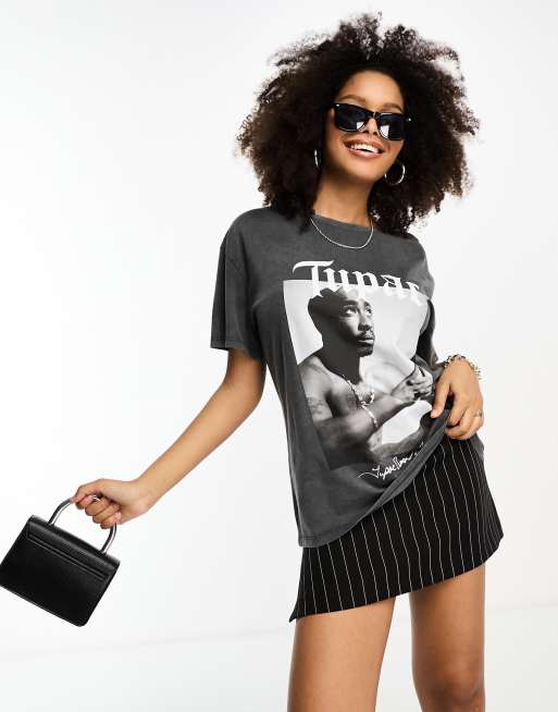 Stradivarius oversized tee with Tupac graphic in gray