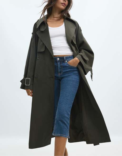 Stradivarius oversized trenchcoat i khaki, 2 af 7