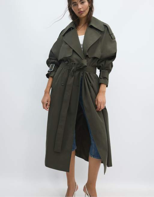 Stradivarius oversized trenchcoat in kaki, 4 van 7