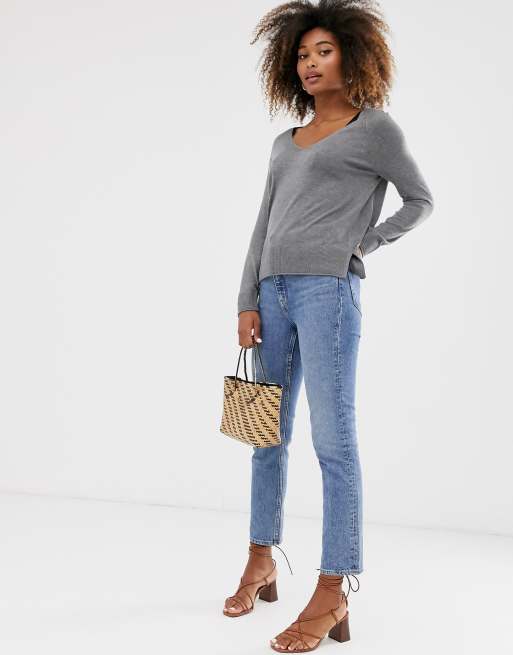 Stradivarius - Oversized trui met V-hals in grijs, 4 van 4