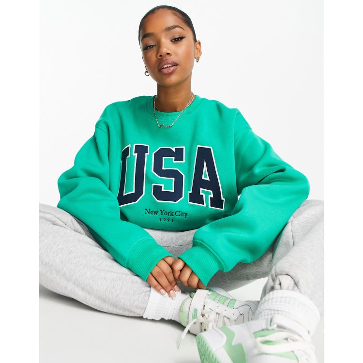 Stradivarius oversized USA sweatshirt in green ASOS