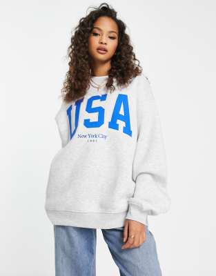 Stradivarius Stradivarius oversized USA sweatshirt in grey marl