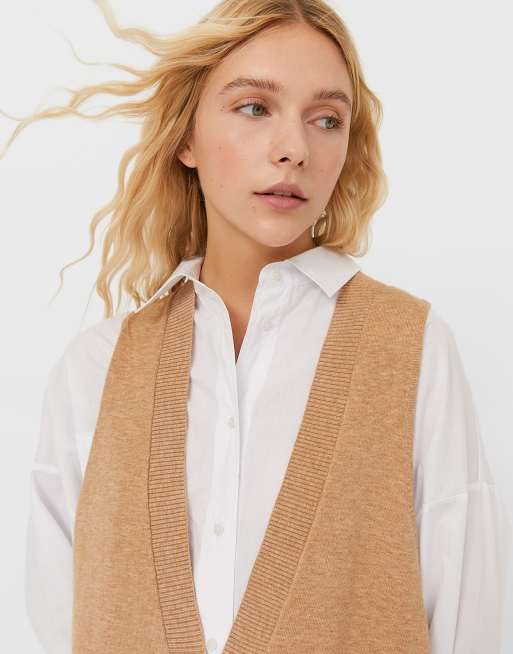 Stradivarius oversized v-neck knit sweater vest in camel