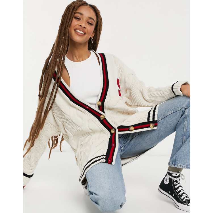 Stradivarius oversized varsity cardigan with stripe in ecru