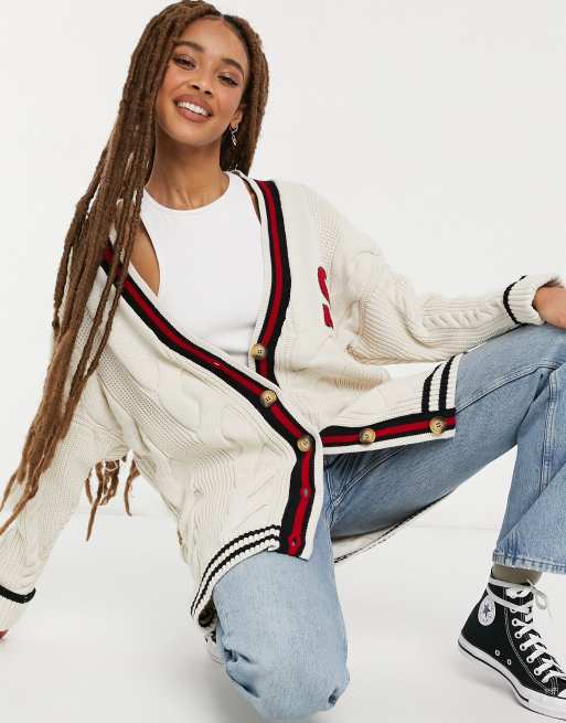 Stradivarius oversized varsity cardigan with stripe in ecru