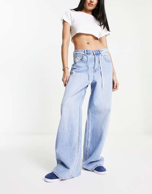 Stradivarius oversized wide leg jean in medium blue | ASOS