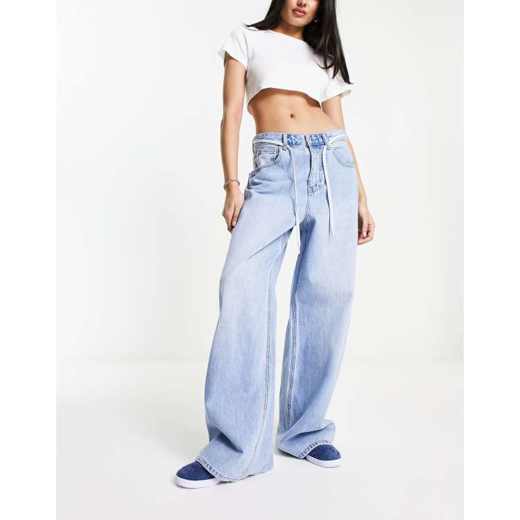 Stradivarius oversized wide leg jeans in medium blue