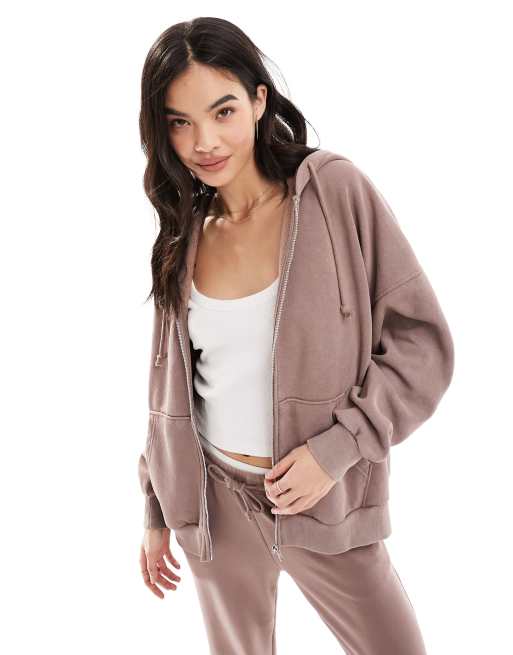 Stradivarius oversized zip thru hoodie co-ord in washed brown | ASOS