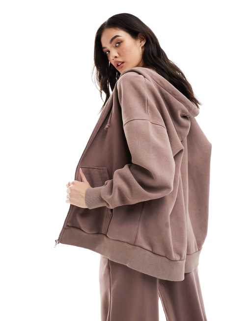 Stradivarius oversized zip thru hoodie co-ord in washed brown, 4 of 4