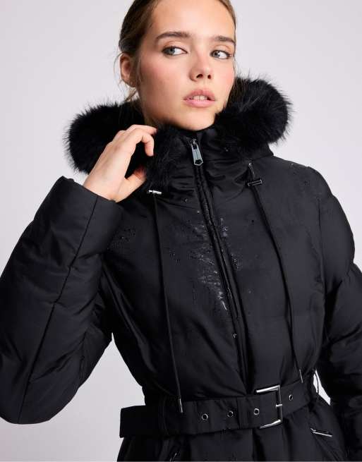 Stradivarius Padded jacket with belt and hood in black, 4 of 7