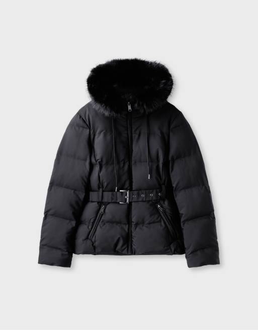 Stradivarius Padded jacket with belt and hood in black, 6 of 7