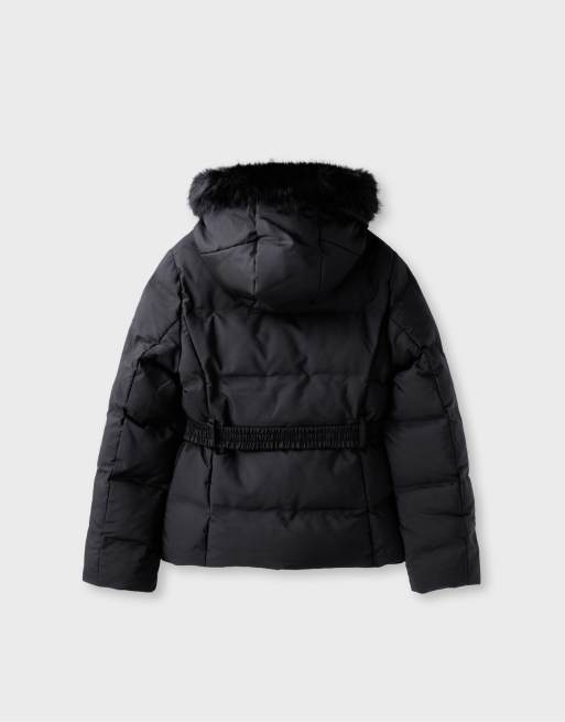 Stradivarius Padded jacket with belt and hood in black, 7 of 7
