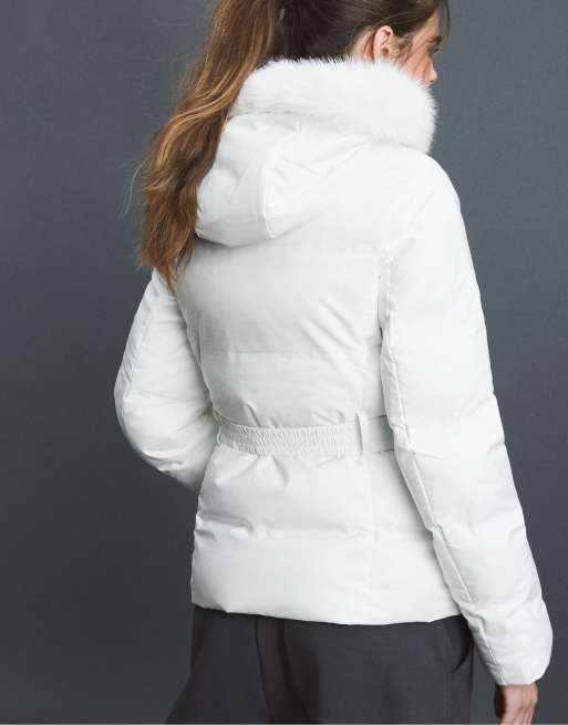 Stradivarius Padded jacket with belt and hood in ecru, 3 of 7