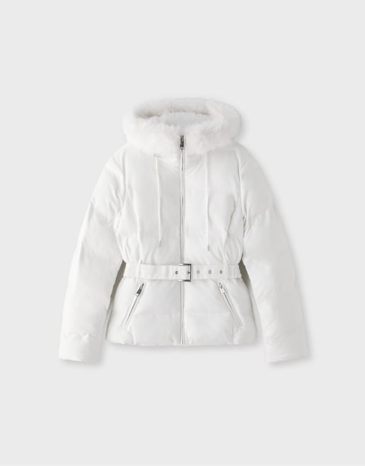 Stradivarius Padded jacket with belt and hood in ecru, 6 of 7