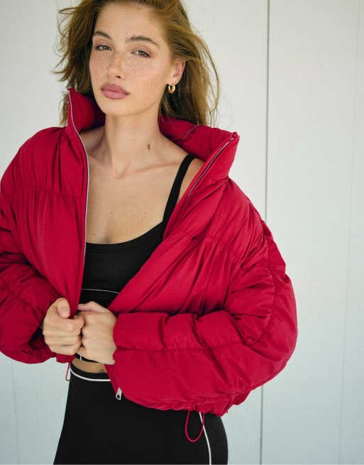 Stradivarius Padded jacket with high neck and gathered detail in dark red, 4 of 7