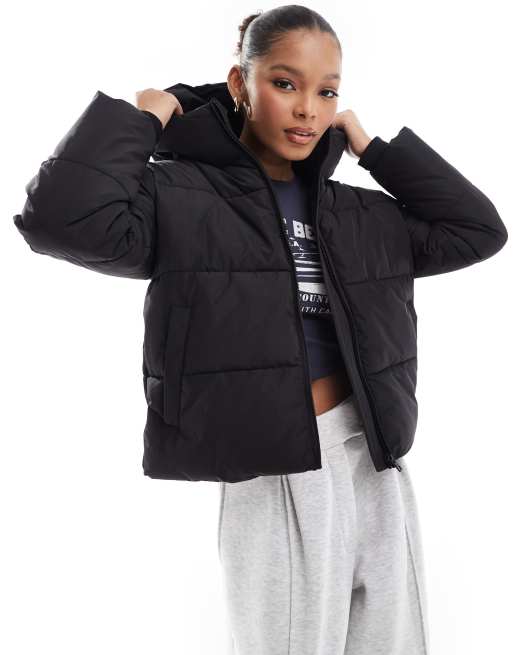 Stradivarius padded jacket with hood in black