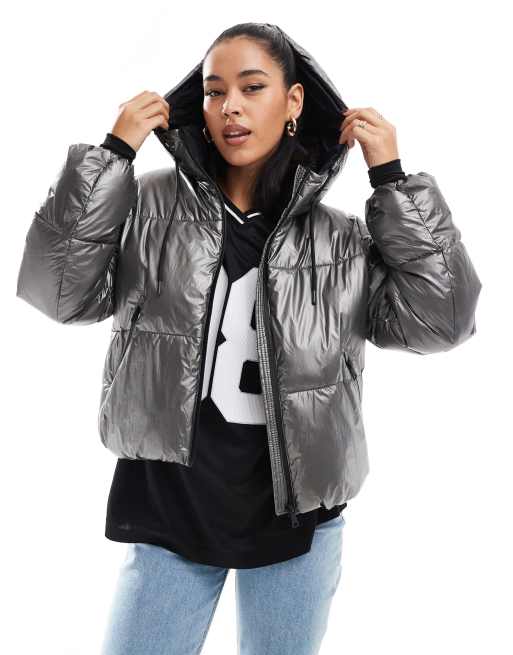 Stradivarius Metallic Hooded Puffer Jacket Dark Grey Xs