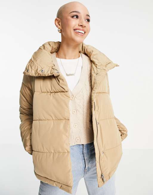 Stradivarius padded puffer jacket in beige | ASOS