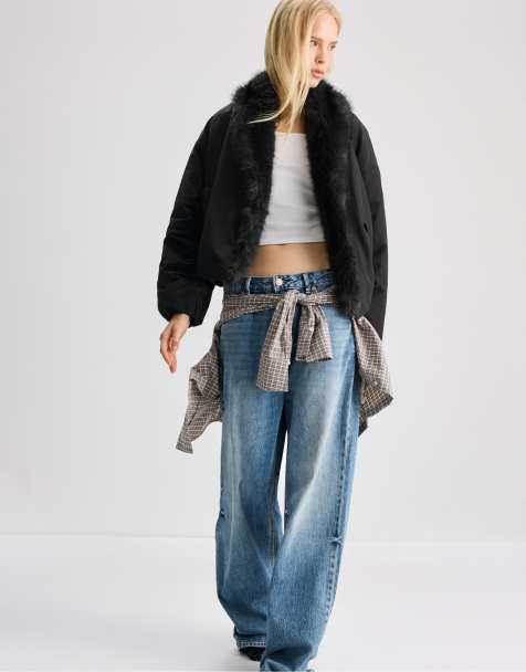 Stradivarius Padded shawl neck faux fur jacket in black - view 1