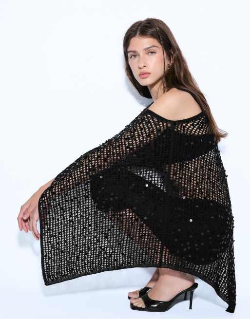 Stradivarius pailletstrikket cape i sort, 4 af 7