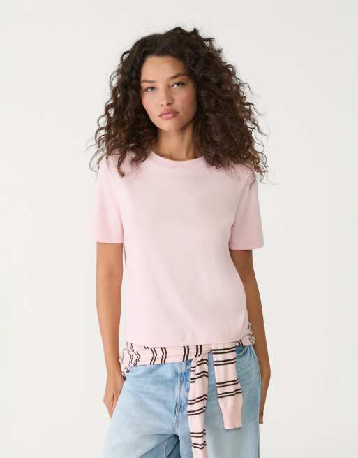 Stradivarius - Pakke med 2 lyserøde kraftige basis-T-shirts i regular fit